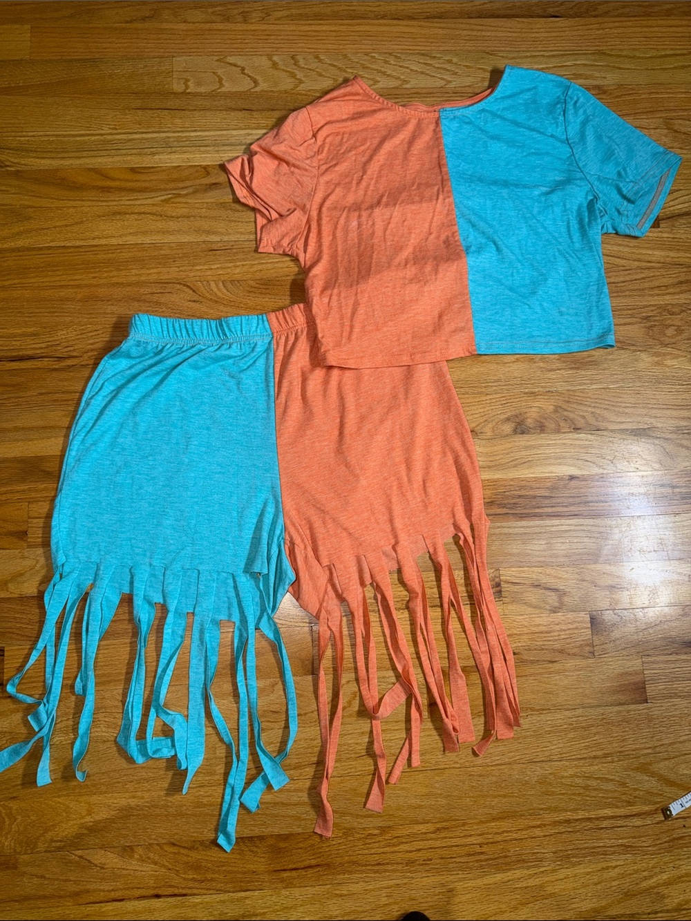 SHEIN Orange and Blue Fringe Bike Shorts Set - Picture 3 of 7